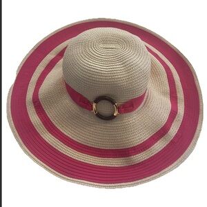 Ralph Lauren Straw Pink Grosgrain Ribbon Striped Floppy Wide Brim Sun Hat Sz O/S